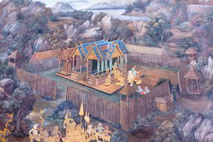 Wandgemälde mit Szenen aus dem Ramayana im Wat Phra Kaeo, dem Königlichen Großen Palast, Bangkok, Thailand