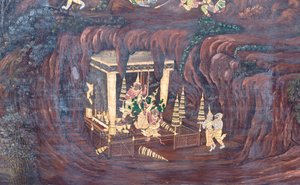 Wandgemälde mit Szenen aus dem Ramayana im Wat Phra Kaeo, dem Königspalast, Bangkok, Thailand