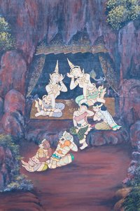 Wandgemälde mit Szenen aus dem Ramayana im Wat Phra Kaeo, dem Königspalast, Bangkok, Thailand