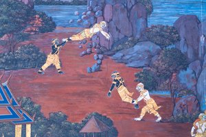 Wandgemälde mit Szenen aus dem Ramayana im Wat Phra Kaeo, Königspalast, Bangkok, Thailand von Thai School