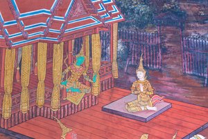 Wandgemälde mit Szenen aus dem Ramayana im Wat Phra Kaeo, Königspalast, Bangkok, Thailand