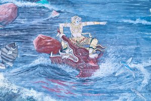 Wandgemälde mit Szenen aus dem Ramayana im Wat Phra Kaeo, dem Königlichen Großen Palast, Bangkok, Thailand