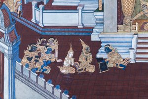 Wandgemälde mit Szenen aus dem Ramayana im Wat Phra Kaeo, dem Königlichen Großen Palast, Bangkok, Thailand