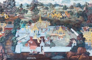 Wandgemälde mit Szenen aus dem Ramayana im Wat Phra Kaeo, dem Königspalast, Bangkok, Thailand von Thai School