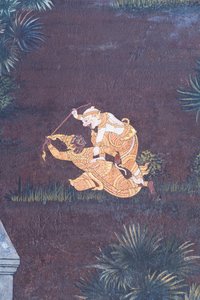 Wandgemälde mit Szenen aus dem Ramayana im Wat Phra Kaeo, dem Königspalast, Bangkok, Thailand