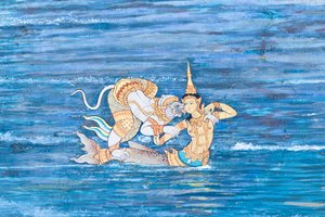 Wandgemälde mit Szenen aus dem Ramayana im Wat Phra Kaeo, dem Königspalast, Bangkok, Thailand
