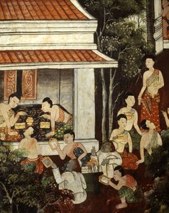 Palastdamen kaufen Schmuck und Spiegel von muslimischen Händlern, Rattanakosin-Stil von Thai School