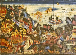 Rückwand eines Schranks, der eine Szene aus dem Ramakien darstellt von Thai School