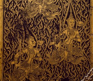 Kleiderschrank für Sutra, geschnitztes und lackiertes Holz, aus Bangkok, Thailand, Detail, thailändische Zivilisation, frühes 19. Jahrhundert