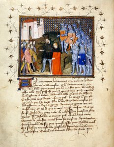 (Ganzes Folio) König Richard II., von Henry Bolingbroke nach London geführt, verzichtet auf den Thron; dekorierter Rand mit Text darunter.