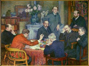 La Lecture (1903), inszeniert um Emile Verhaeren (1855-1916), belgischer sozialistischer Dichter, Maler Cross, Schriftsteller Maurice Maeterlinck, Andre Gide und Francis Viele-Griffin, Biologe Henri Gheon, Arzt Felix Le Dantec und Felix Feneon, der eine Zi von Théo van Rysselberghe