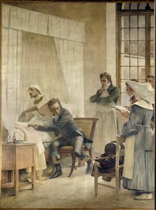 Rene Laennec untersucht eine Patientin vor seinen Studenten. Rene-Theophile-Hyacinthe Laennec (1781-1826), französischer Arzt, Erfinder des Stethoskops. Fresko