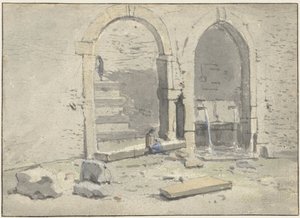 Brunnen an einer Stadtmauer, in die eine Treppe eingebaut ist