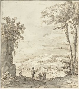 Italienische Flusslandschaft mit Spaziergängern bei einem Felsen