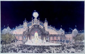 Weltausstellung: Blick auf den Palast der Elektrizität und das Wasserschloss in Paris 1900