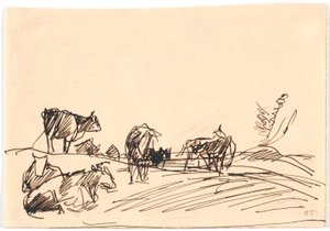 Landschaft mit liegenden und stehenden Kühen