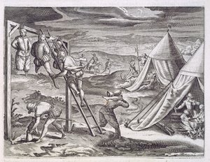 Hängen und Verstümmeln von 3 Dieben, Rio de la Plata, um 1536, aus 