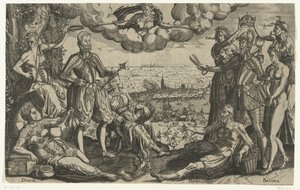 Vergleich zwischen Oranien und Alva, mit der Spanischen Furie im Hintergrund, ca. 1577 von Theodor de Bry (attributed to)