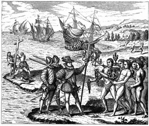 Christoph Kolumbus (1451-1506) genuesischer Entdecker, entdeckt Amerika - 12. Mai 1492. Aus einer Gravur von Theodore de Bry 1590.