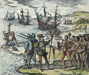 Columbus landet in den Indischen Inseln. 1594 (Holzschnitt)
