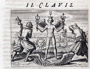 Symbolische Komposition der Alchemie, ein nackter junger Mann, geflügelt und gekrönt, schwingt zwei Kaduzeen, umgeben von Mond und Sonne, gegenüber bewaffneten Männern mit Schwertern, die einen Adler und eine Schlange tragen - Gravur von Theodor de Bry (15