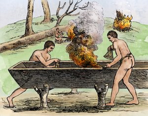 Indianer machen ein Kanu, zeigen den Stamm eines Baumes durch Feuer und graben mit Herbettes. Gravur 1590 von Theodore De Bry, farbenfroh 19. Jahrhundert.