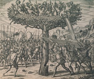Eingeborene verstecken sich in den Bäumen und kämpfen gegen die Eroberer von Theodor de Bry