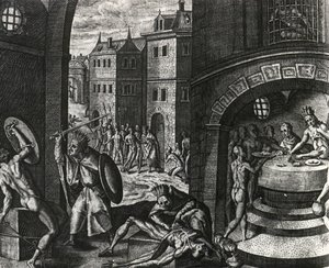 Priester tötet Opfer eines fingierten Kampfes und häutet dann den Körper, Mexiko, Gravur aus Peregrinationes, von Theodor de Bry (1528-1598) von Theodor de Bry