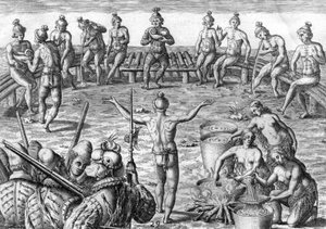 Timucua-Indianer mit französischen Entdeckern von Theodor de Bry