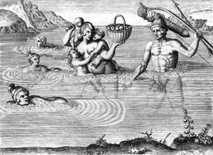 Timucuan-Indianerfamilie überquert einen Fluss von Theodor de Bry