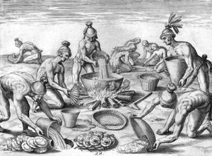 Timucua-Indianer bereiten ein Festmahl vor