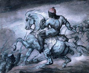 Szene aus dem Kolonialkrieg: Ein Schwarzer auf einem steigenden Pferd