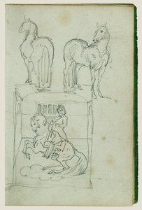 Zwei stehende Pferde, Mann reitet auf einem steigenden Pferd von Theodore Gericault