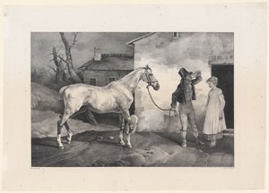 Altes Pferd an der Tür eines Gasthauses
