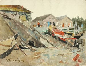 Decken über Kanus trocknen, ca. 1890-1914 von Theodore J. Richardson