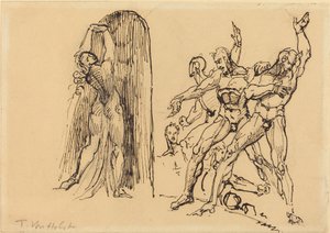 Fünf männliche Akte gestikulieren, während eine nackte Frau ein Portal betritt von Theodore M. von Holst