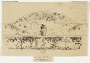 Jupiter und Alkmene und Nymphen und Satyrn auf einem Friesenmedaillon, Studie für die Dekoration eines Rahmens