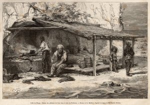 Eine Thunfischfanghütte in der Bucht von Proelucca, Golf von Fiume (oder Rijeka, Istrien), drei der Fischer schlafen noch, in Decken gehüllt, ein anderer wird sich ausrüsten und den Ausguck ersetzen, ein anderer wird die Küche vorbereiten und das Moos wand