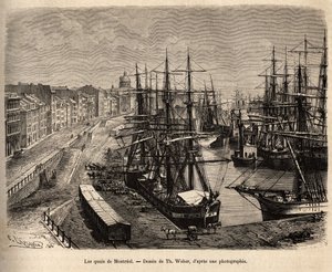 Die Kais von Montreal, Gravur nach einer Zeichnung von Th. Weber, die den Ausflug nach Kanada und zur Riviere Rouge du nord, von H. De Lamotte, 1873, illustriert, veröffentlicht in „Le tour du monde“ 1875, herausgegeben von Edouard Charton, Hachette-Ausgab