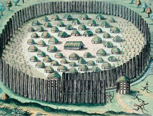 Ein befestigtes Indianerdorf, Illustration aus The Discourse of Florida, von Theodore de Bry, Gravur