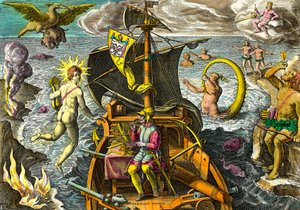 Allegorie auf die Reisen des Navigators Ferdinand Magellan, dargestellt auf seinem Schiff mit einem Armillarsphäre, umgeben von mythologischen Figuren und fantastischen Tieren. Gravur aus Admirante Narratio Americae von Theodore de Bry