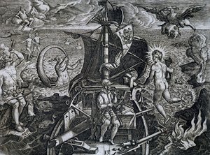 Allegorie der Reisen von Ferdinand Magellan (1480-1521), Stich von Theodor de Bry (1528-1598)