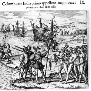 Christoph Kolumbus erreicht die Westindischen Inseln (Gravur von Theodore de Bry in Admirante Narratio - Americae)