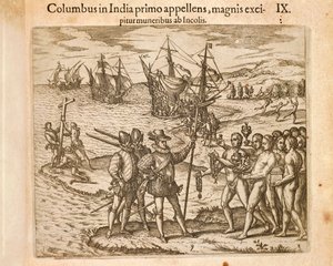Christoph Kolumbus landet auf der Insel Guanahani (San Salvador) am 12. Oktober von Theodore de Bry