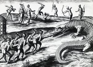 Krokodiljagd in Florida, nach einem Gemälde von Jacques le Moyne de Morgues, graviert von Theodor de Bry von Theodore de Bry