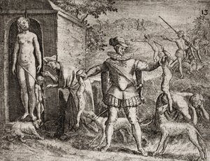 Beschreibung der von spanischen Siedlern an Indianern verübten Verbrechen - Spanische Konquistadoren massakrieren indianische Frauen und Kinder. Hängen. Kinder den Hunden zugeworfen - Gravur von Theodore de Bry in „Narratio regionum indicarum per Hispanos  von Theodore de Bry