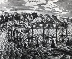 Flotte von Galeonen im Hafen von Acapulco, von Theodor de Bry, Stich