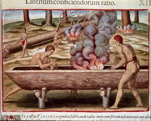 Geschichte Amerikas: „Indianer bauen Boote“ Gravur aus „Admirante Narratio Americae“ von Theodore de Bry (1528-1598)