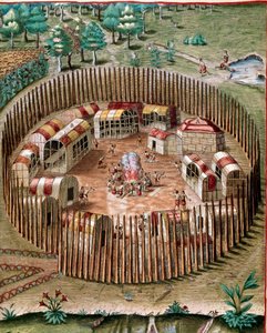 Darstellung der befestigten Stadt Pomeiock oder Pomeiooc in Virginia im Jahr 1585. Gravur aus „Admirante Narratio Americae“ von Theodore de Bry (1528-1598) von Theodore de Bry