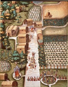 Der Garten der Stadt Secota in Virginia. Gravur aus „Admirante Narratio Americae“ von Theodore de Bry (1528-1598)